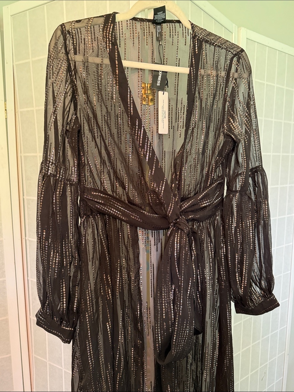 Express Black Sheer Metallic-Striped Tie-Waist Maxi Dress/ Boho cover up - Picture 2 of 5